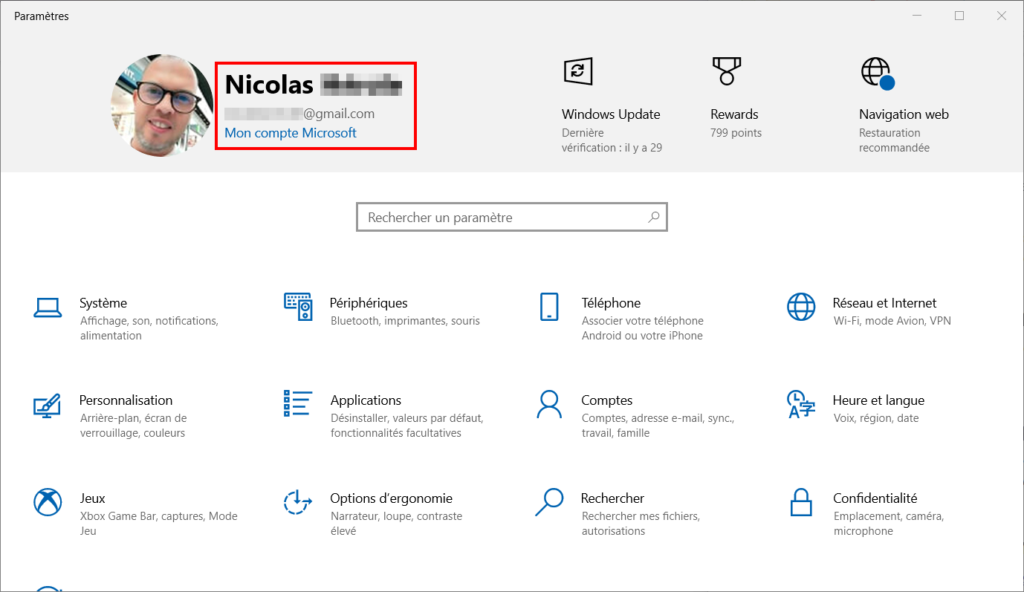 Créer compte Microsoft - Existence compte Microsoft dans les Paramètres Windows