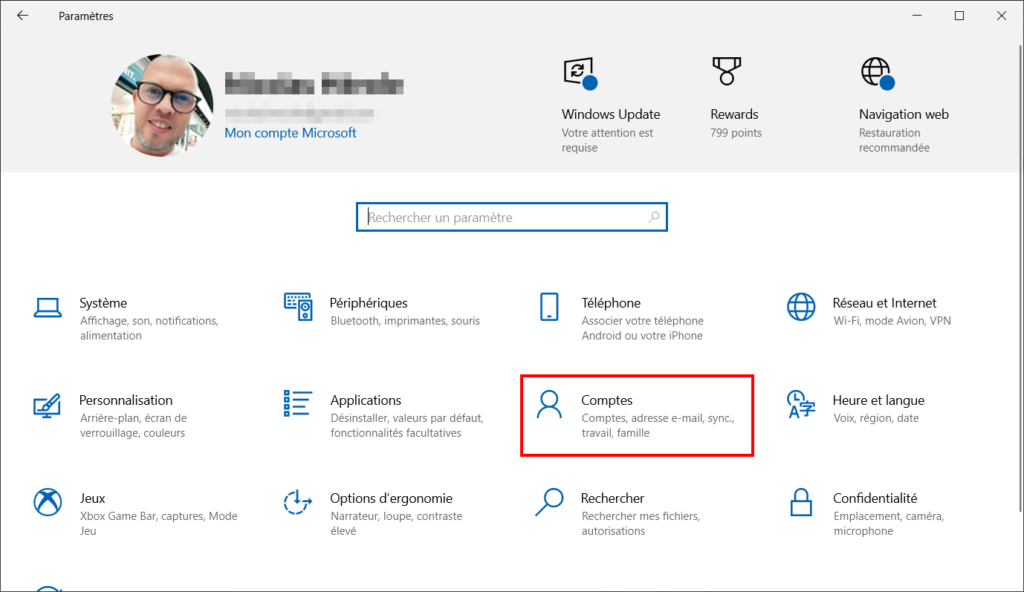 Windows 10 Contrôle parental - Paramètres Comptes
