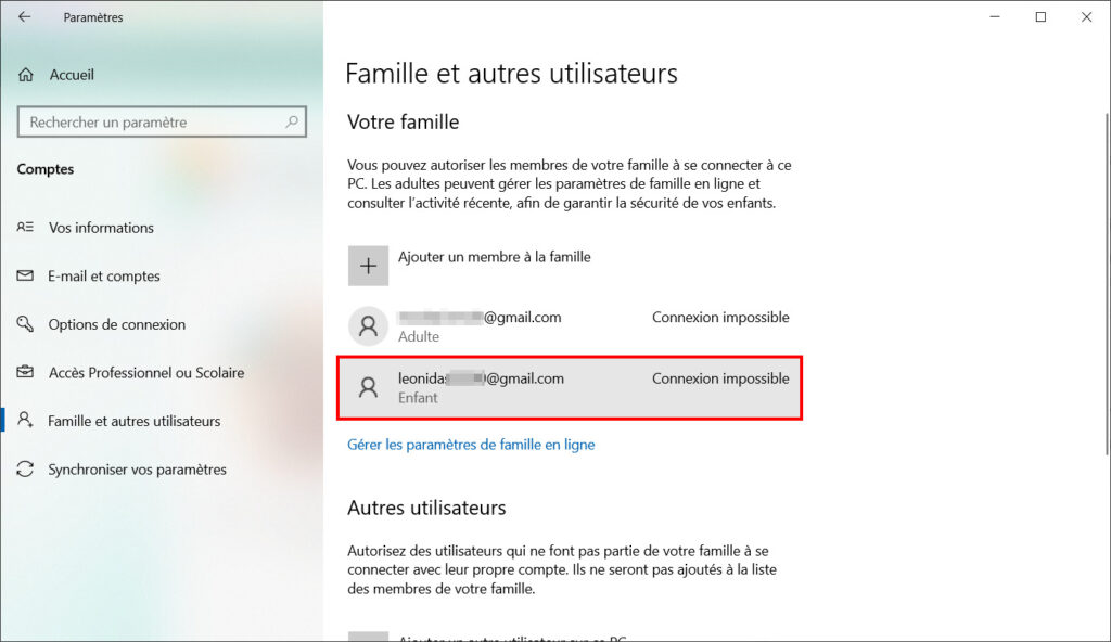 Windows 10 Contrôle parental - Autoriser connexion enfant dans les Paramètres