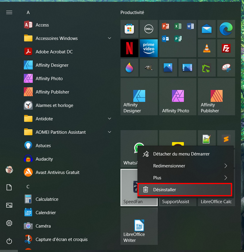 Windows 10 Menu Démarrer - Désinstaller application