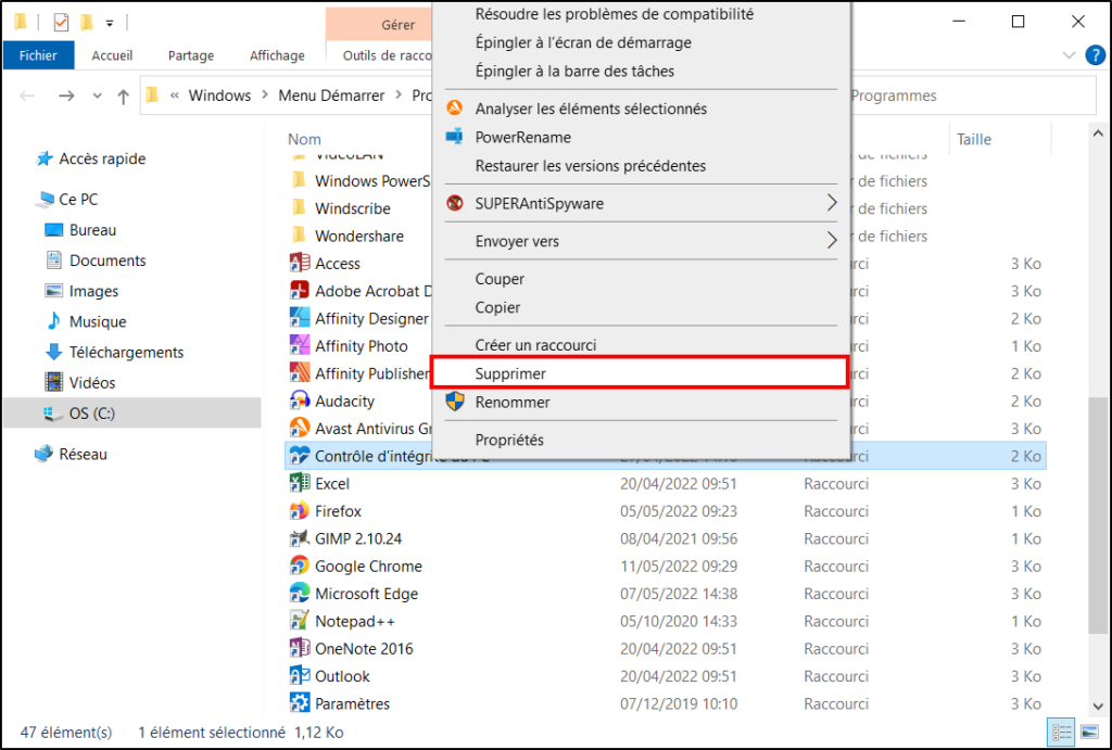 Windows 10 Menu Démarrer - Supprimer raccourci