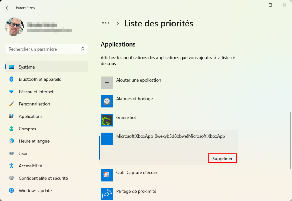 Windows 11 Assistant concentration - Supprimer application liste priorité