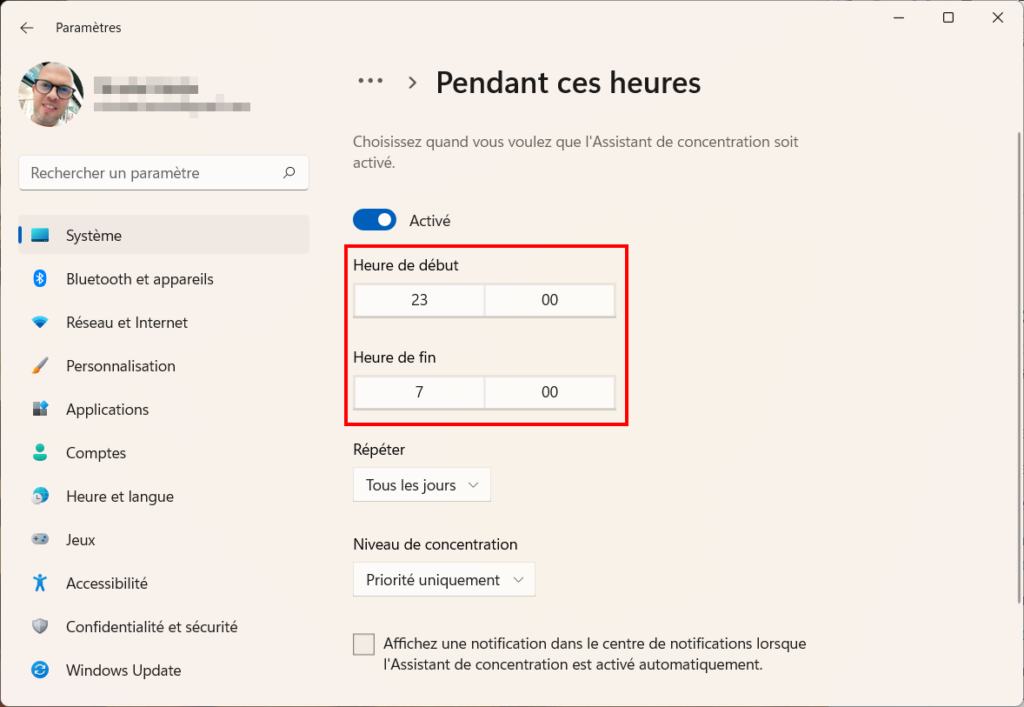 Windows 11 Assistant concentration - Horaire activité Assistant de concentration