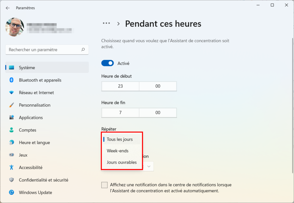 Windows 11 Assistant concentration - Répétition dans la semaine