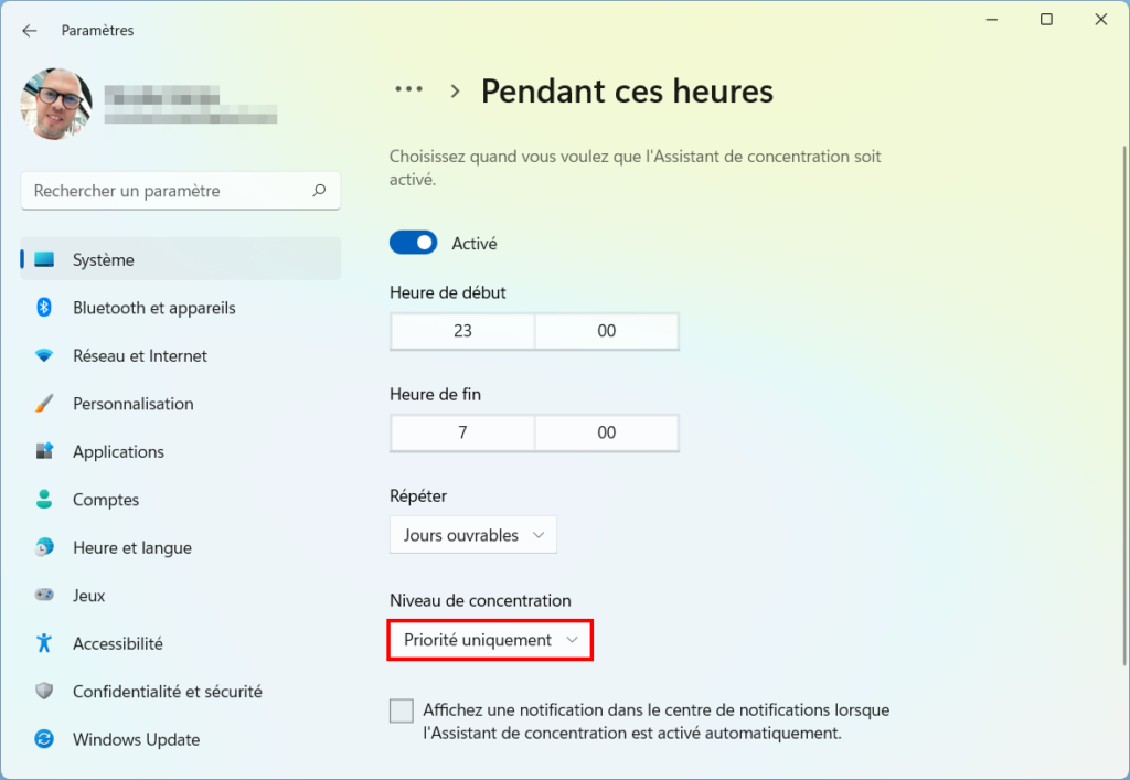 Windows 11 Assistant concentration - Niveau de concentration Période