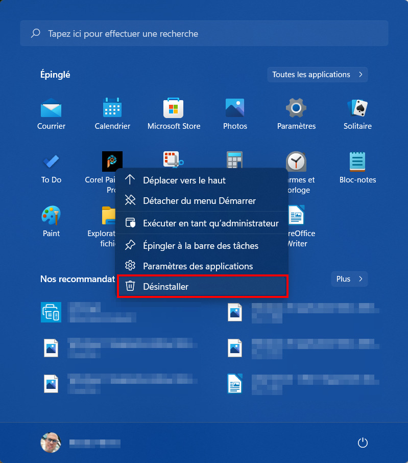 Windows 11 Supprimer application menu Démarrer - Désinstaller