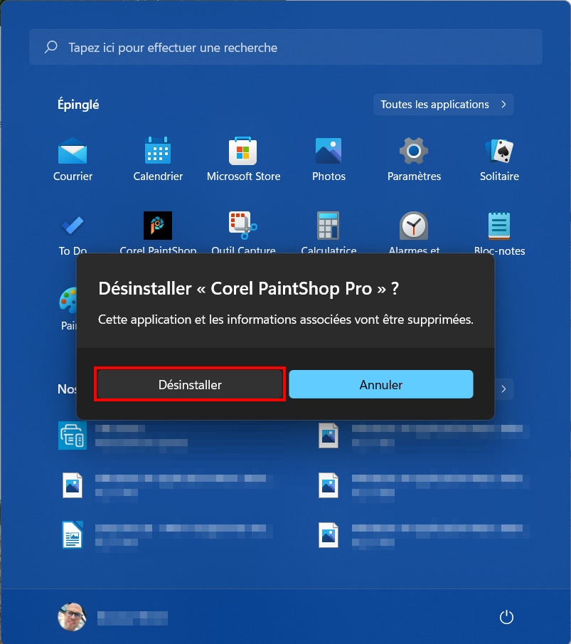 Windows 11 Supprimer application menu Démarrer - Confirmer désinstaller