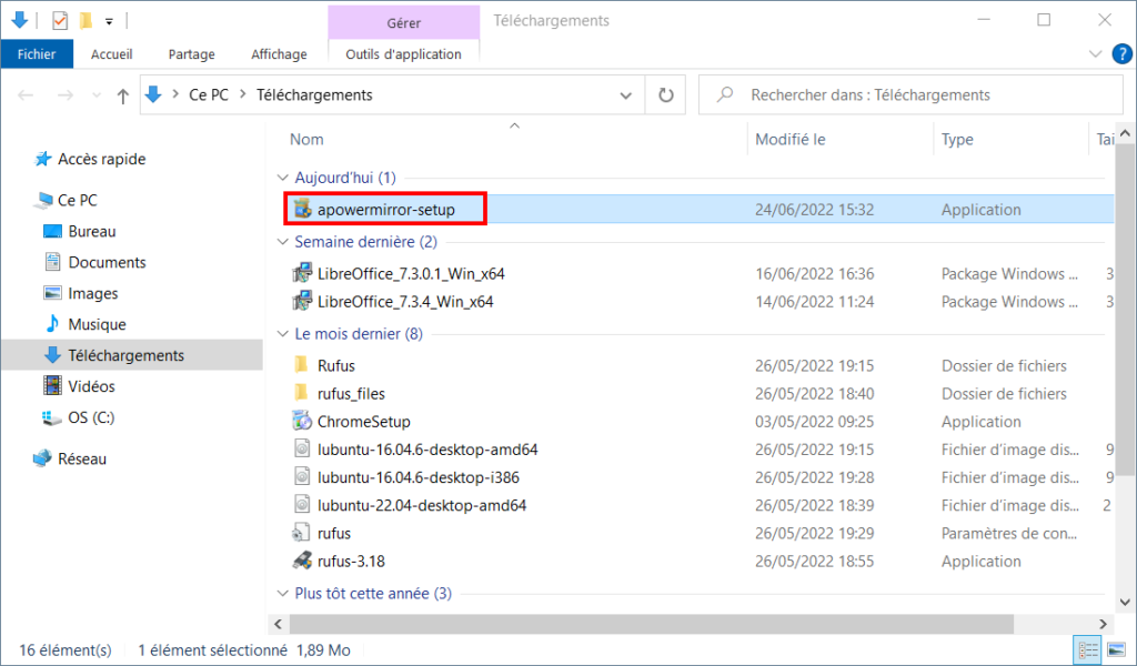 Afficher smartphone sur PC - Ouvrir fichier d'installation ApowerMirror
