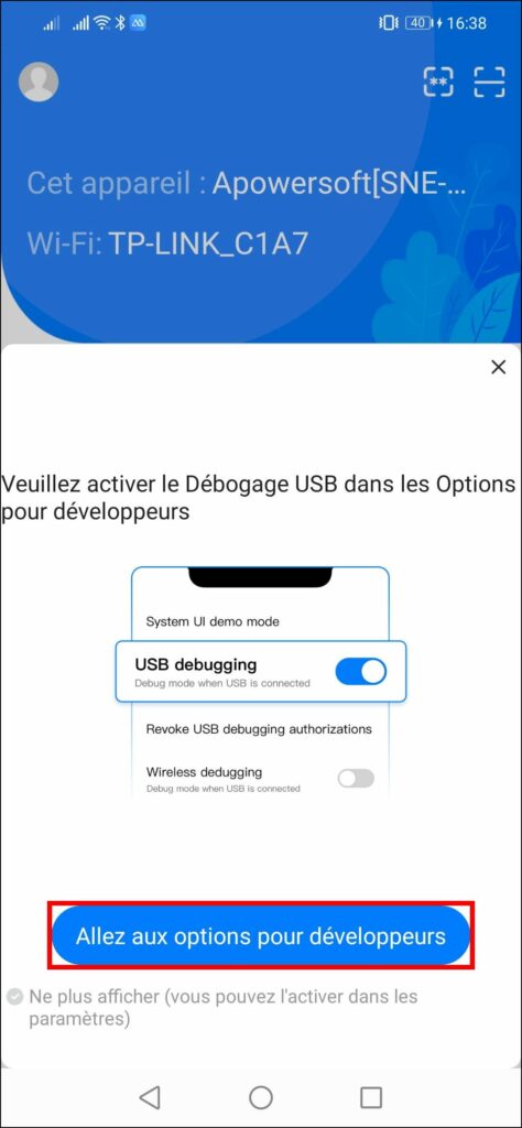 Afficher smartphone sur PC - Cliquer sur Options pour développeurs