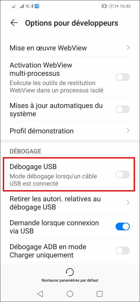 Afficher smartphone sur PC - Activer débogage USB