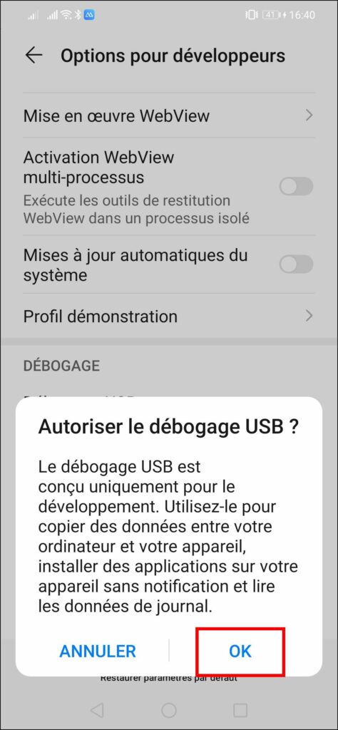 Afficher smartphone sur PC - Autoriser débogage USB