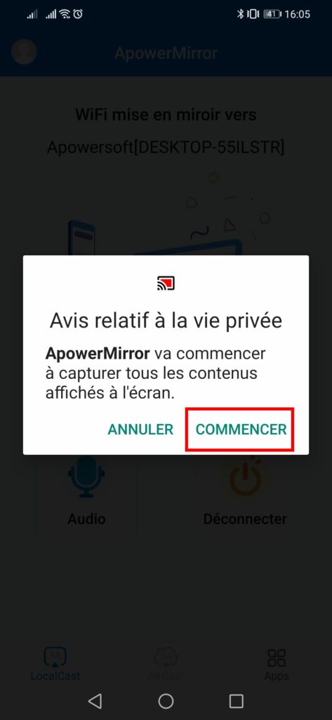 Afficher smartphone sur PC - Cliquer sur Commencer (texte relatif à la vie privée)