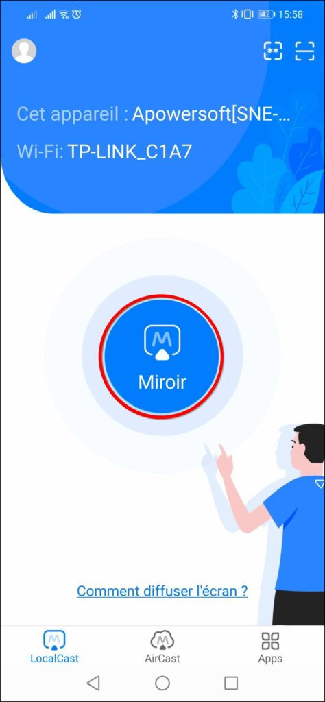 Afficher smartphone sur PC - Cliquer sur Miroir