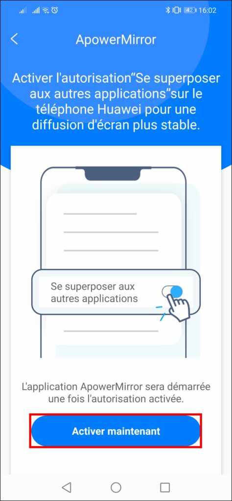 Afficher smartphone sur PC - Taper sur Activer maintenant
