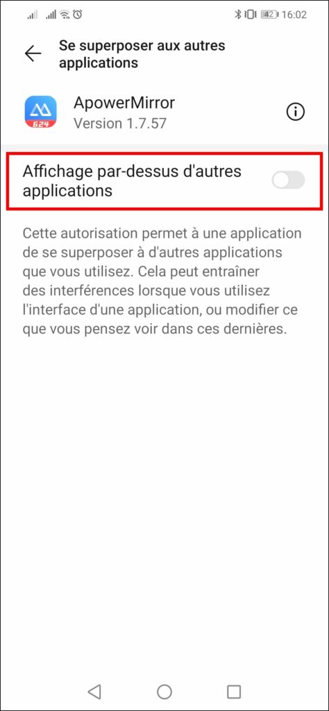 Afficher smartphone sur PC - Activer la superposition des applications