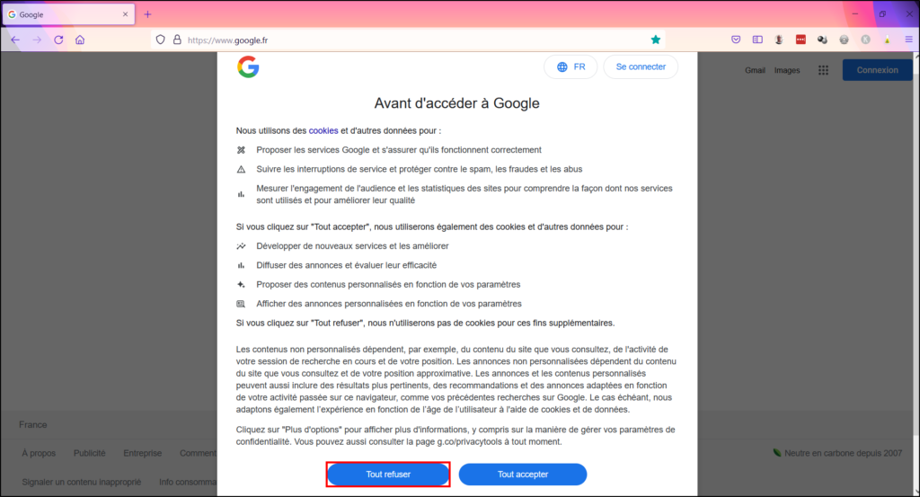 Déconnecter compte Google - Tout refuser les cookies