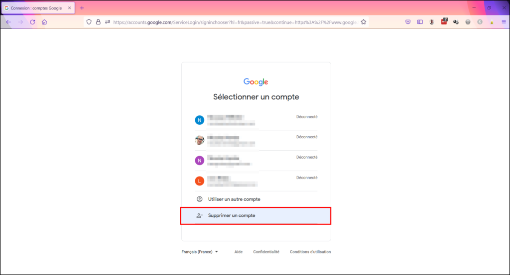 Déconnecter compte Google - Cliquer sur Supprimer un compte