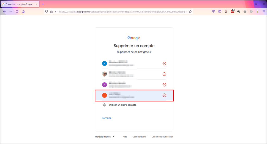 Déconnecter compte Google - Sélectionner le compte à supprimer du navigateur