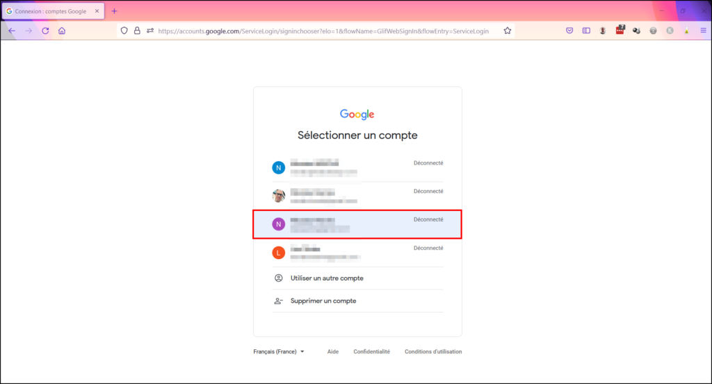 Supprimer compte Google - Sélectionner compte à supprimer