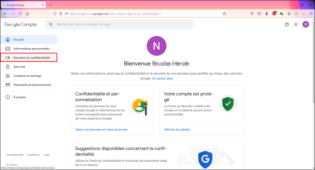 Supprimer compte Google - Données et confidentialité