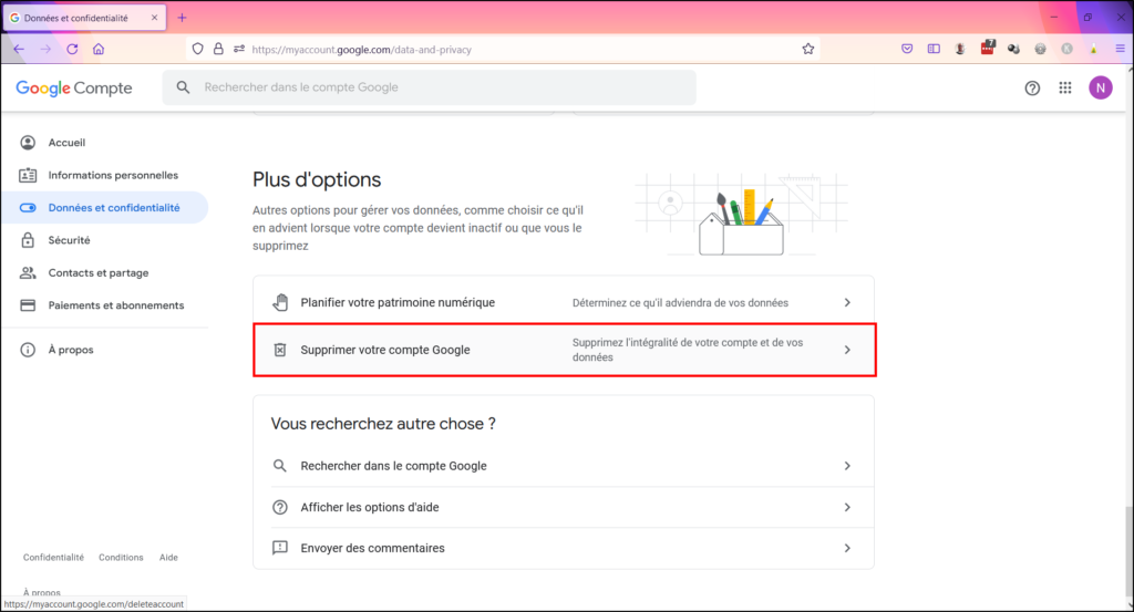 Supprimer compte Google - Cliquer sur Supprimer votre compte Google