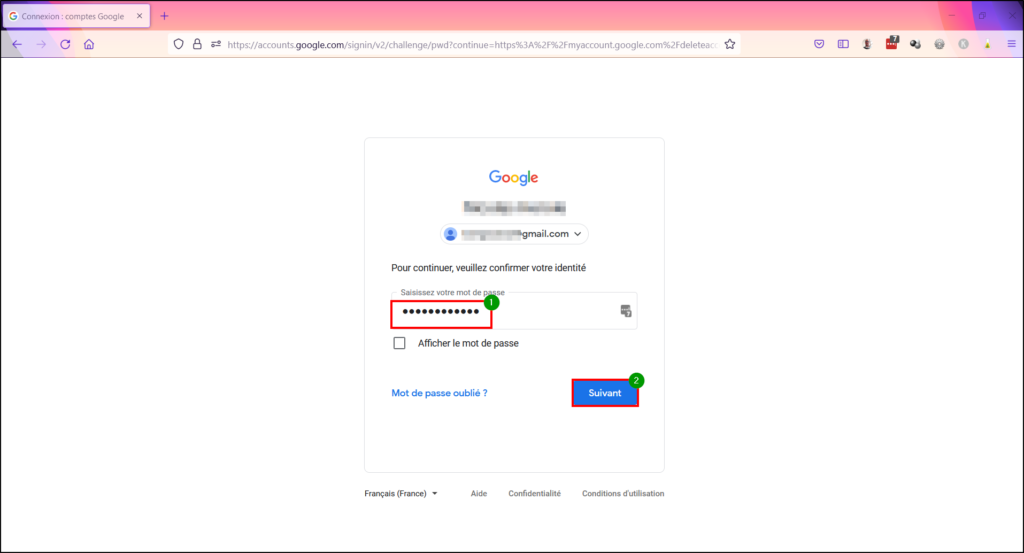 Supprimer compte Google - Encore mot de passe et suivant
