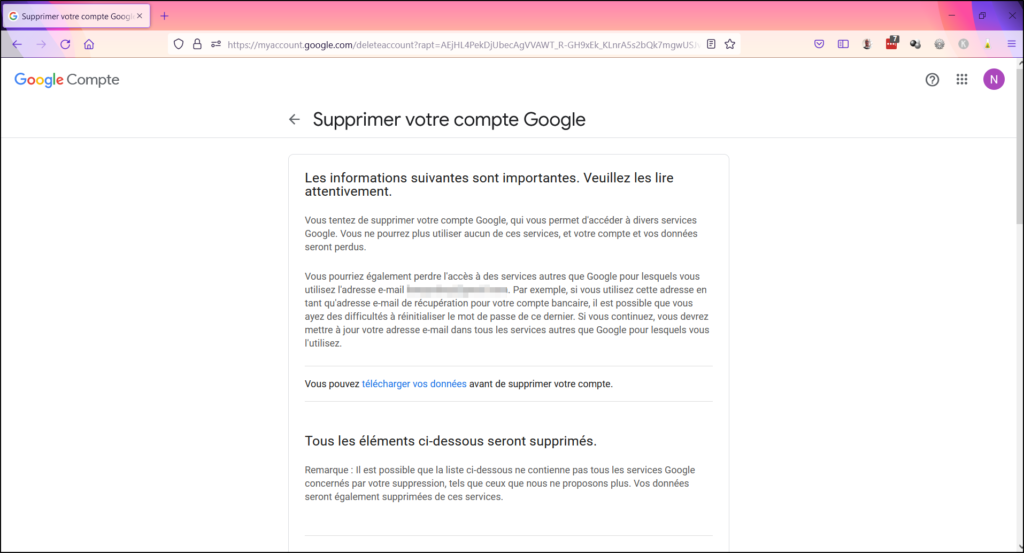 Supprimer compte Google - Informations à télécharger avant suppression du compte