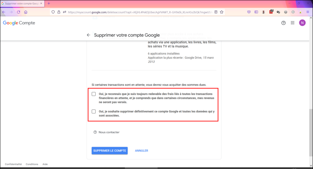 Supprimer compte Google - Cocher les cases