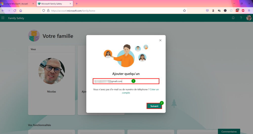 Contrôle Parental Windows 11 - Renseigner mail compte membre