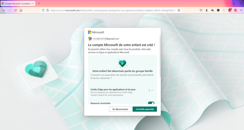 Contrôle Parental Windows 11 - Compte Microsoft de l'enfant validé
