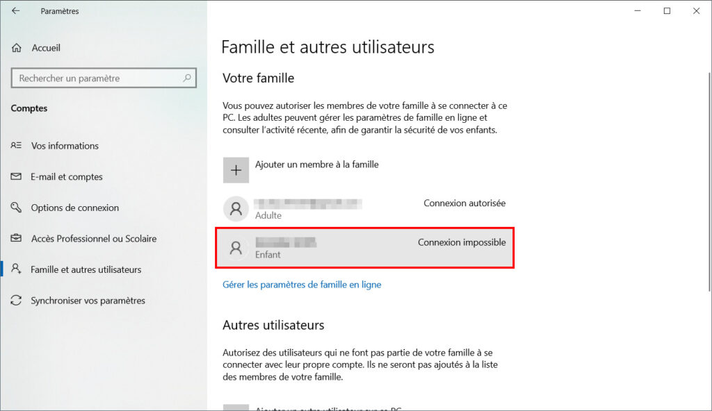 Contrôle parental Family Safety - Cliquer sur enfant