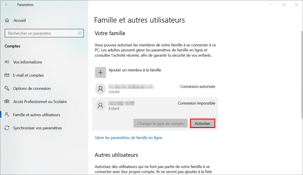 Contrôle parental Family Safety - Cliquer sur Autoriser