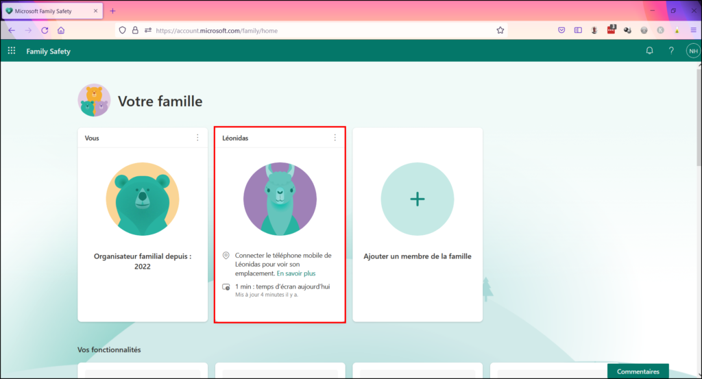 Contrôle parental Family Safety - Cliquer fiche enfant
