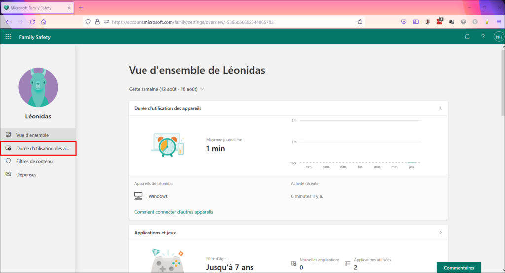 Contrôle parental Family Safety - Durée d'utilisation des appareils