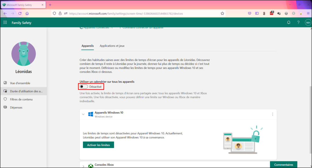 Contrôle parental Family Safety - Activer calendrier sur appareils