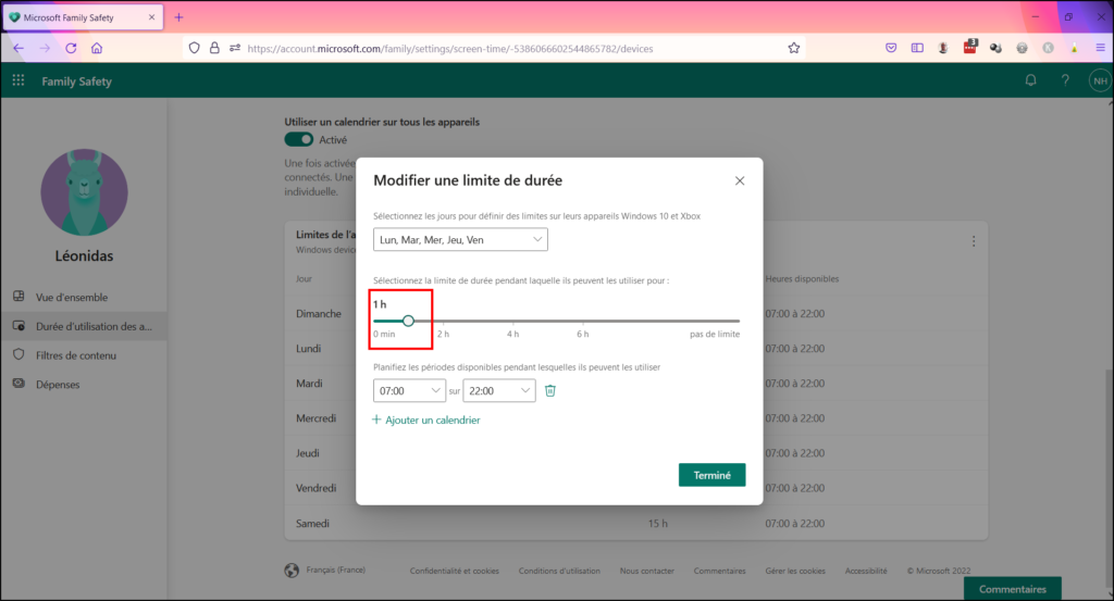 Contrôle parental Family Safety - Sélectionner limite de durée