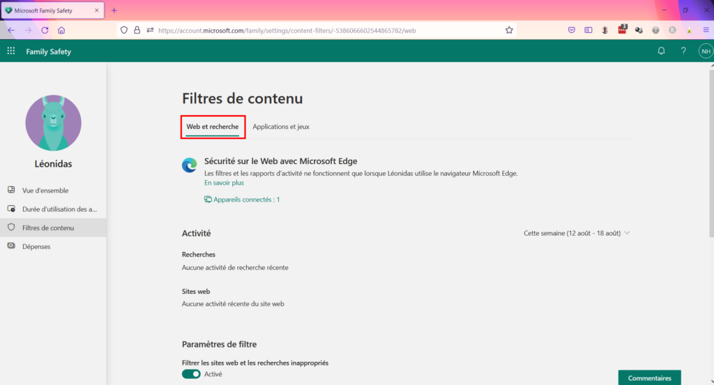Contrôle parental Family Safety - Web et recherche