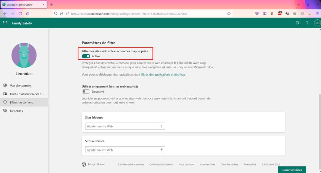 Contrôle parental Family Safety - Filtrer les sites web et recherches
