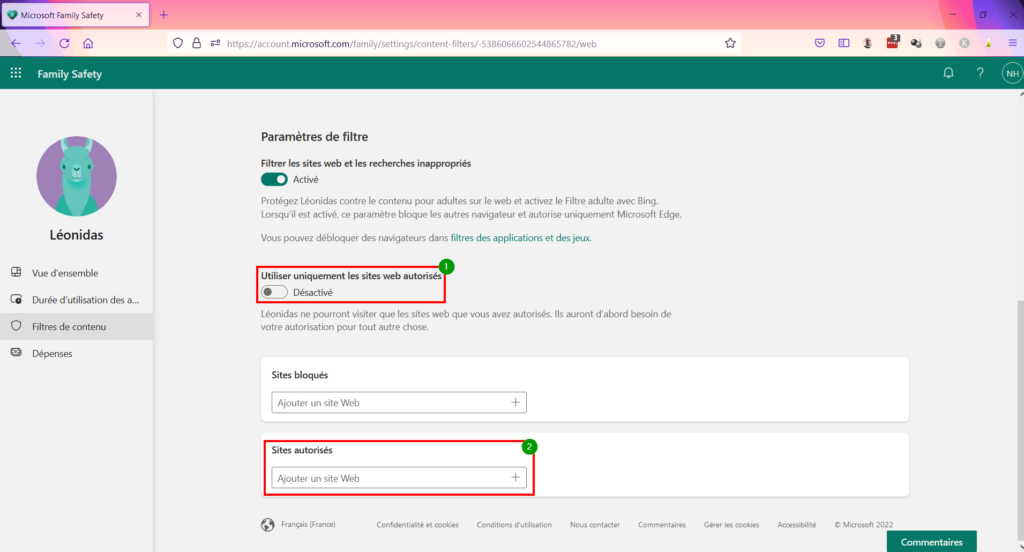 Contrôle parental Family Safety - Utiliser uniquement les sites autorisés