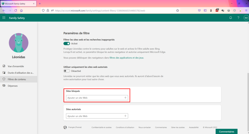 Contrôle parental Family Safety - Bloquer des sites