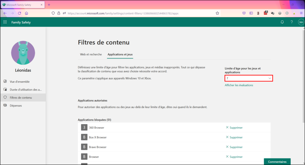 Contrôle parental Family Safety - Sélectionner limite d'âge