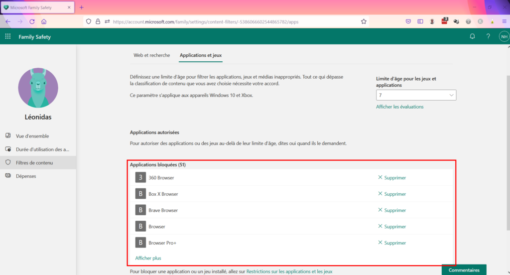 Contrôle parental Family Safety - Liste applications bloquées