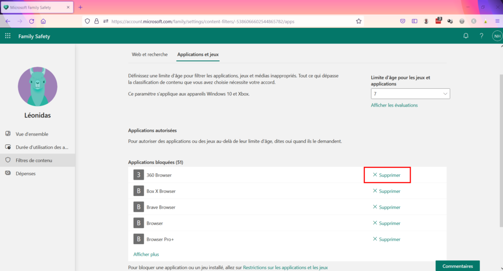 Contrôle parental Family Safety - Débloquer une application