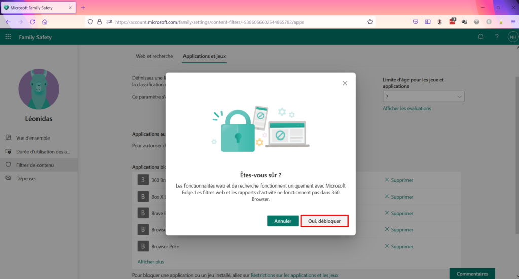 Contrôle parental Family Safety - Valider débloquer une application