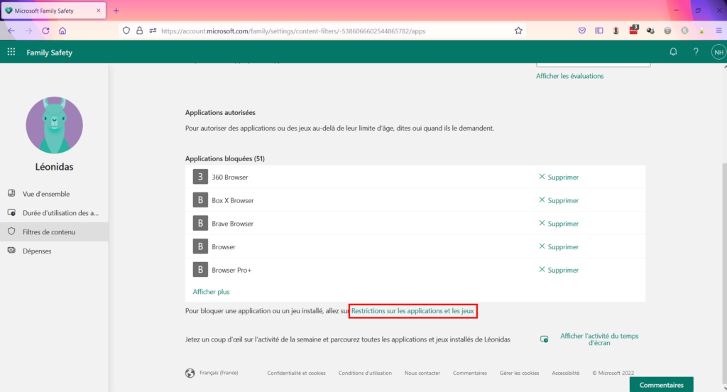 Contrôle parental Family Safety - Restrictions sur les applications et les jeux