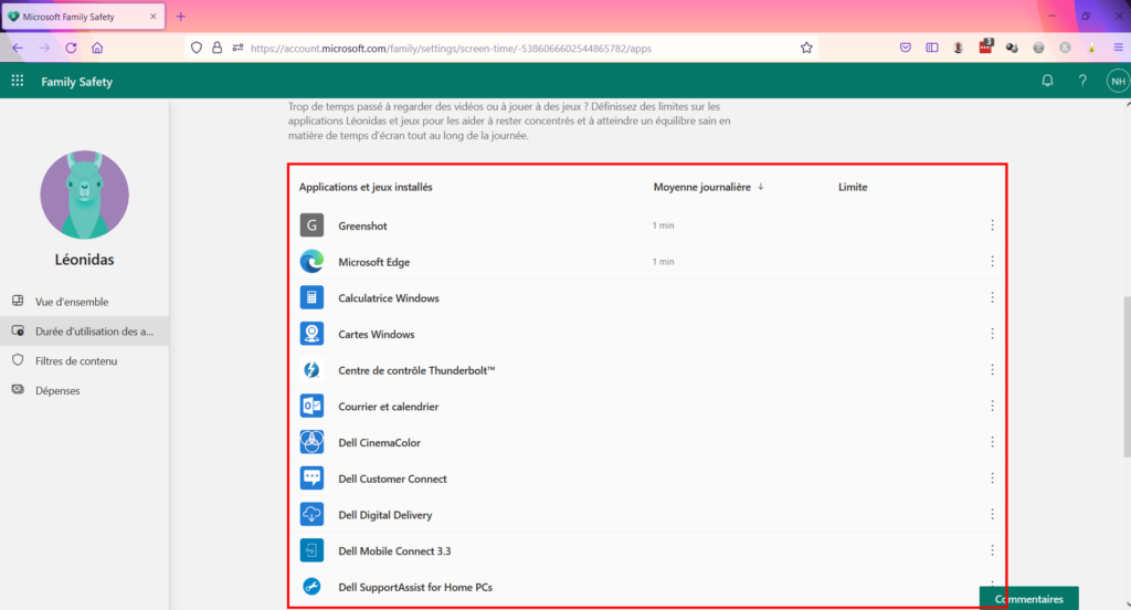 Contrôle parental Family Safety - Liste des applications et jeux installés sur PC