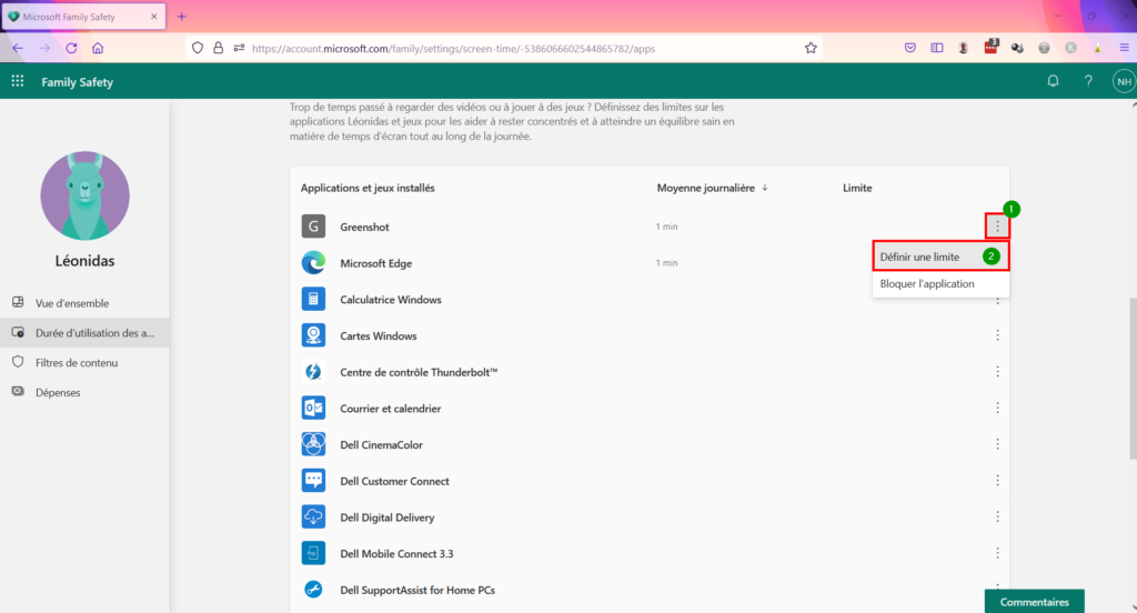 Contrôle parental Family Safety - Définir limite d'utilisation de l'application