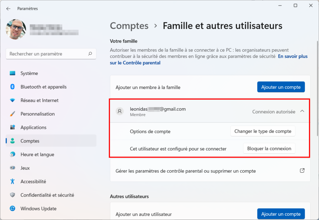 Windows 11 Contrôle parental - Compte enfant autorisé sur Windows 11