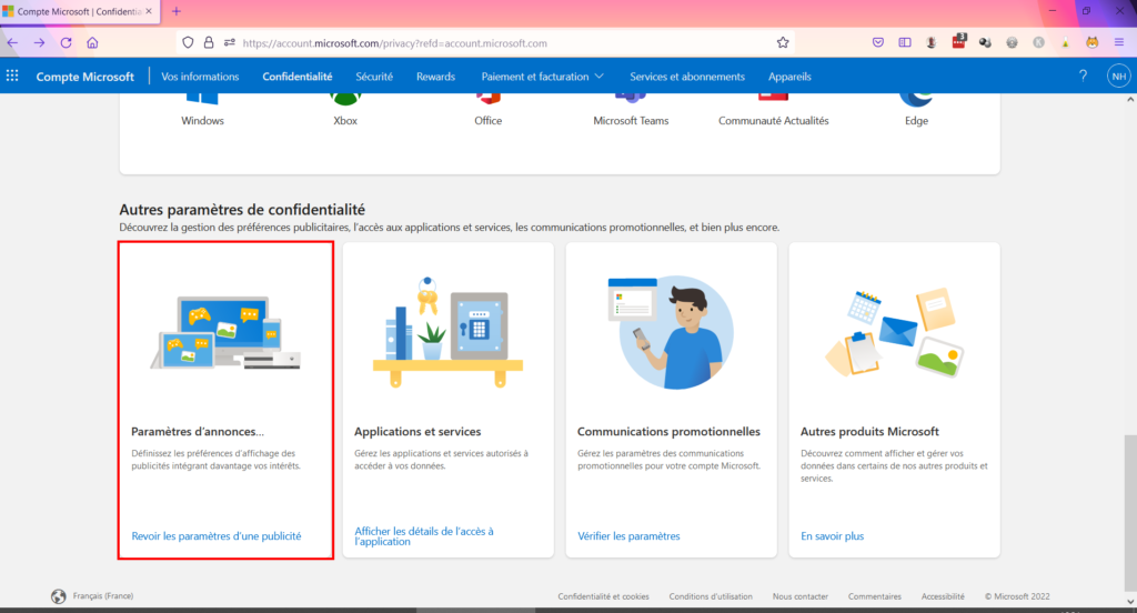 Microsoft confidentialité - Paramètres d'annonce Microsoft