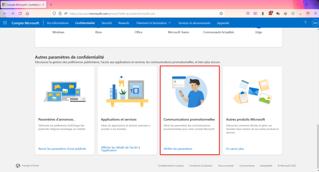 Microsoft confidentialité - Gérer communications promotionnelles